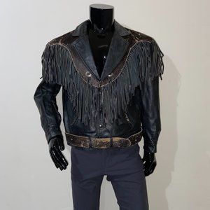 HNOS SOLORZANO FRINGED LEATHER BIKER JACKET BLACK LEATHER W/ HORSEHIDE TRIM - 46